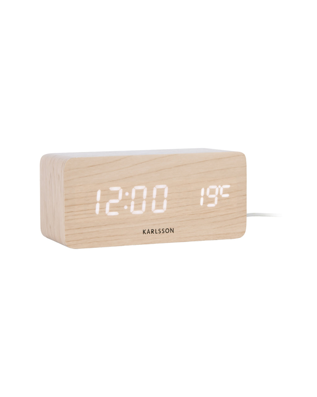 Karlsson wekker Block LED met draadloze oplader, licht hout fineer, schuin aanzicht