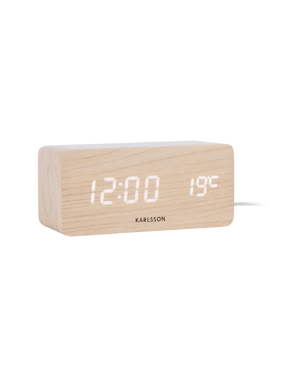 Karlsson wekker Block LED met draadloze oplader, licht hout fineer, schuin aanzicht