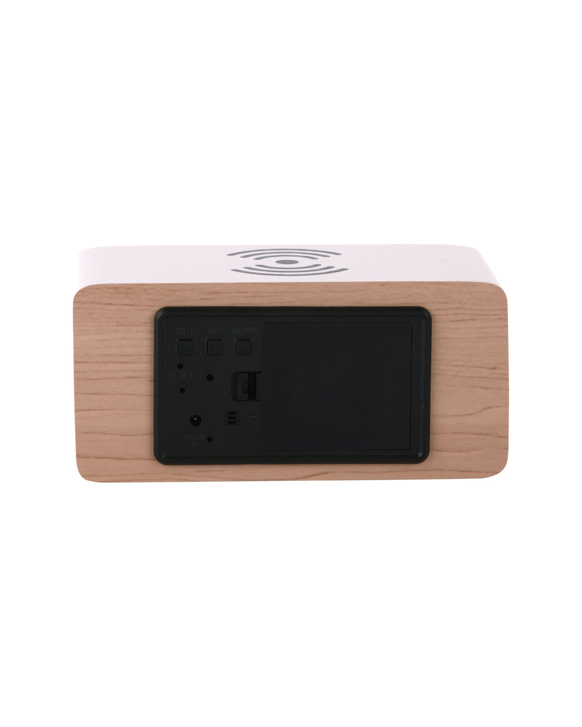 Karlsson wekker Block LED met draadloze oplader, witgewassen hout fineer, achterkant met knoppen en batterijvak