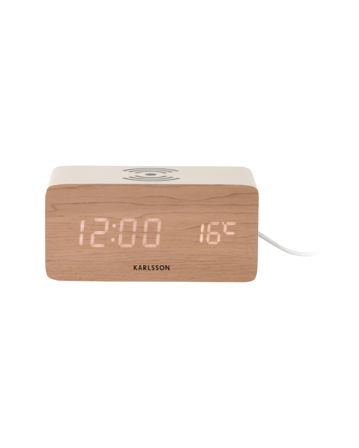Karlsson wekker Block LED met draadloze oplader, witgewassen hout fineer, vooraanzicht