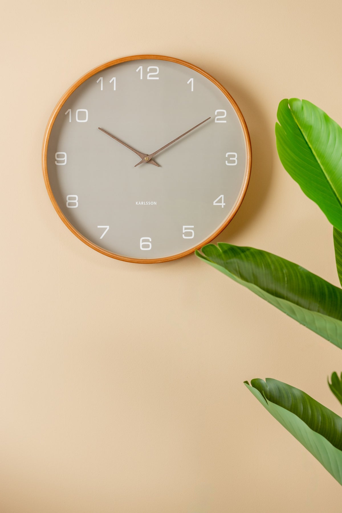 Karlsson wandklok Acento, grijs, sfeerfoto: aan beige wand naast grote groene plantbladeren