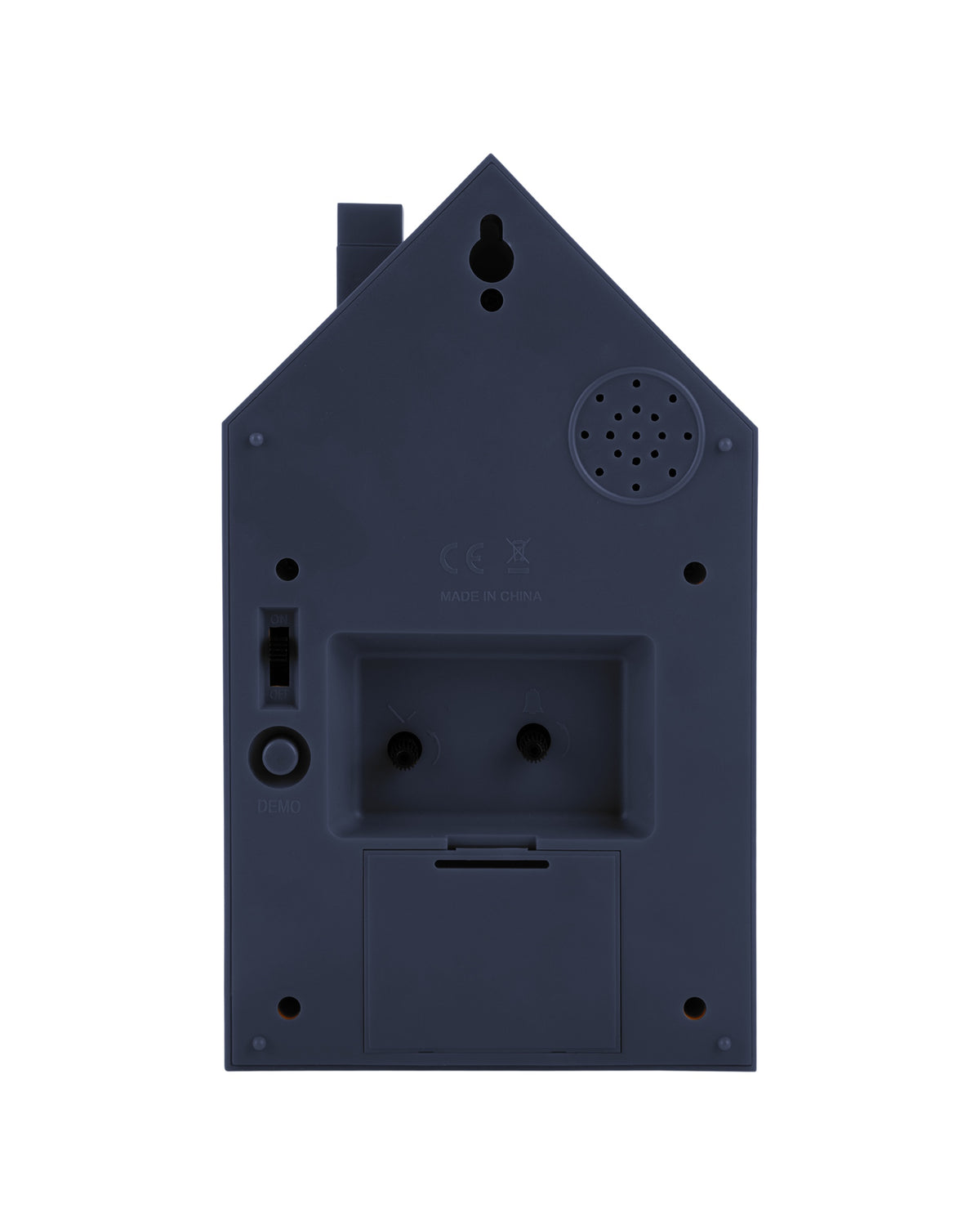Karlsson wekker Modern Cuckoo, donkerblauw abs, achterkant met knoppen en batterijvak