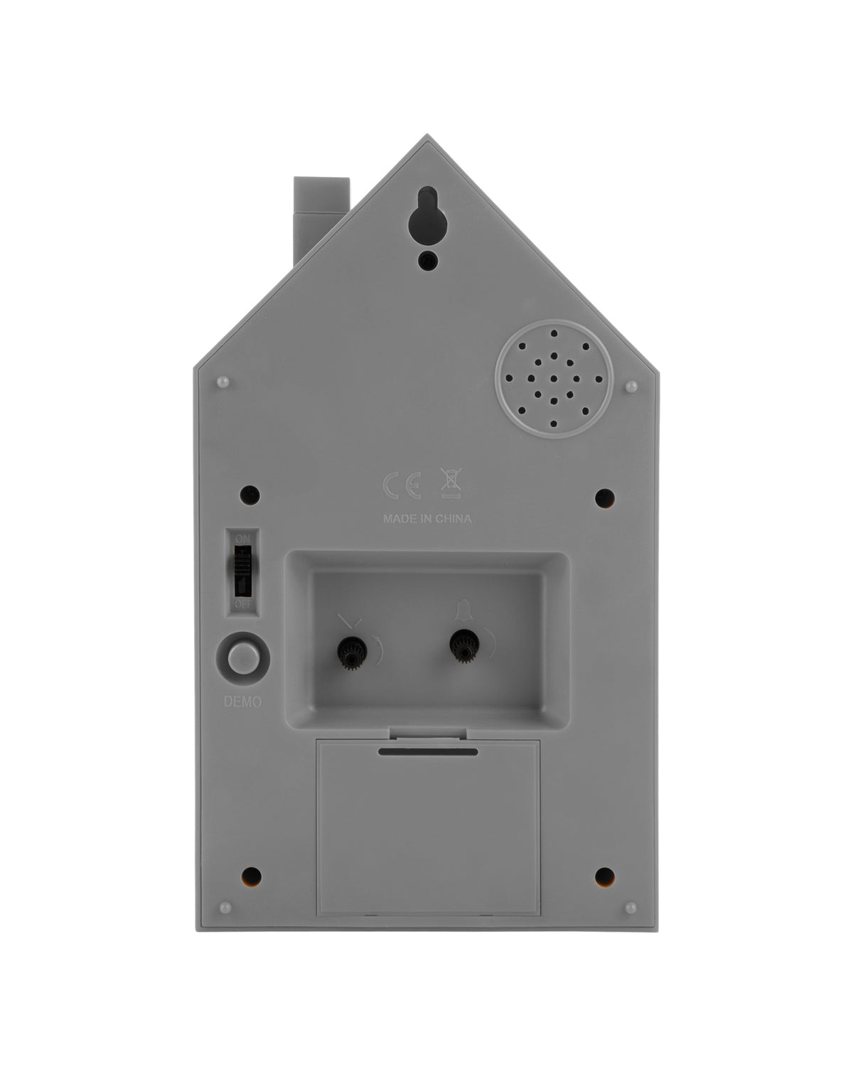 Karlsson wekker Modern Cuckoo, muisgrijs abs, achterkant met knoppen en batterijvak