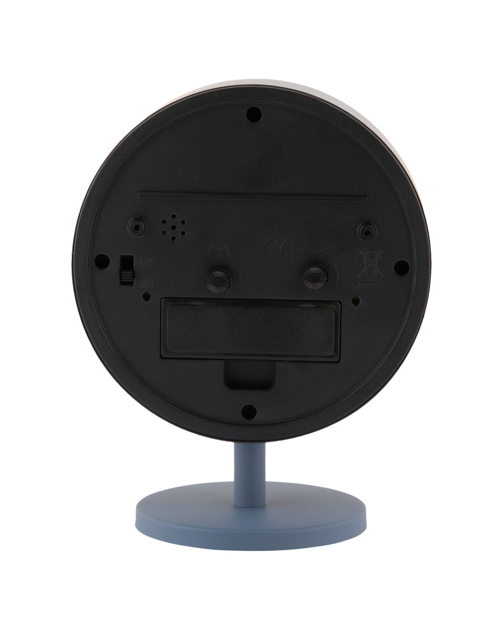 Karlsson wekker Brisk Dome, klassiek blauw, achterkant met knoppen en batterijvak
