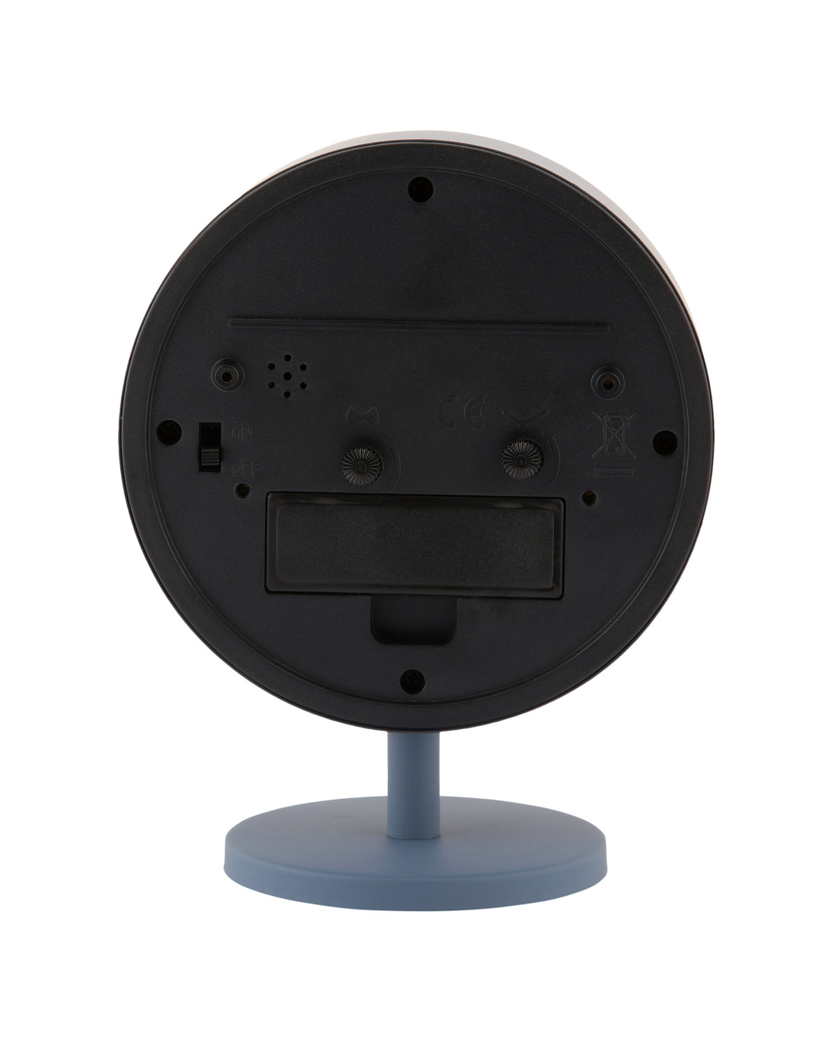 Karlsson wekker Brisk Dome, klassiek blauw, achterkant met knoppen en batterijvak