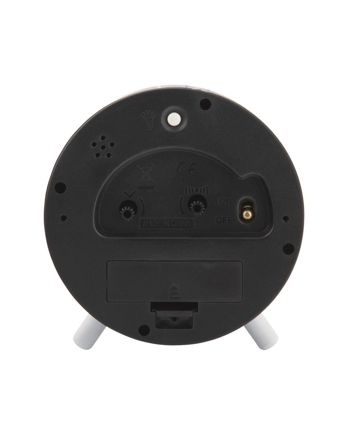 Karlsson wekker Orgullo, klassiek blauw, achterkant met knoppen en batterijvak