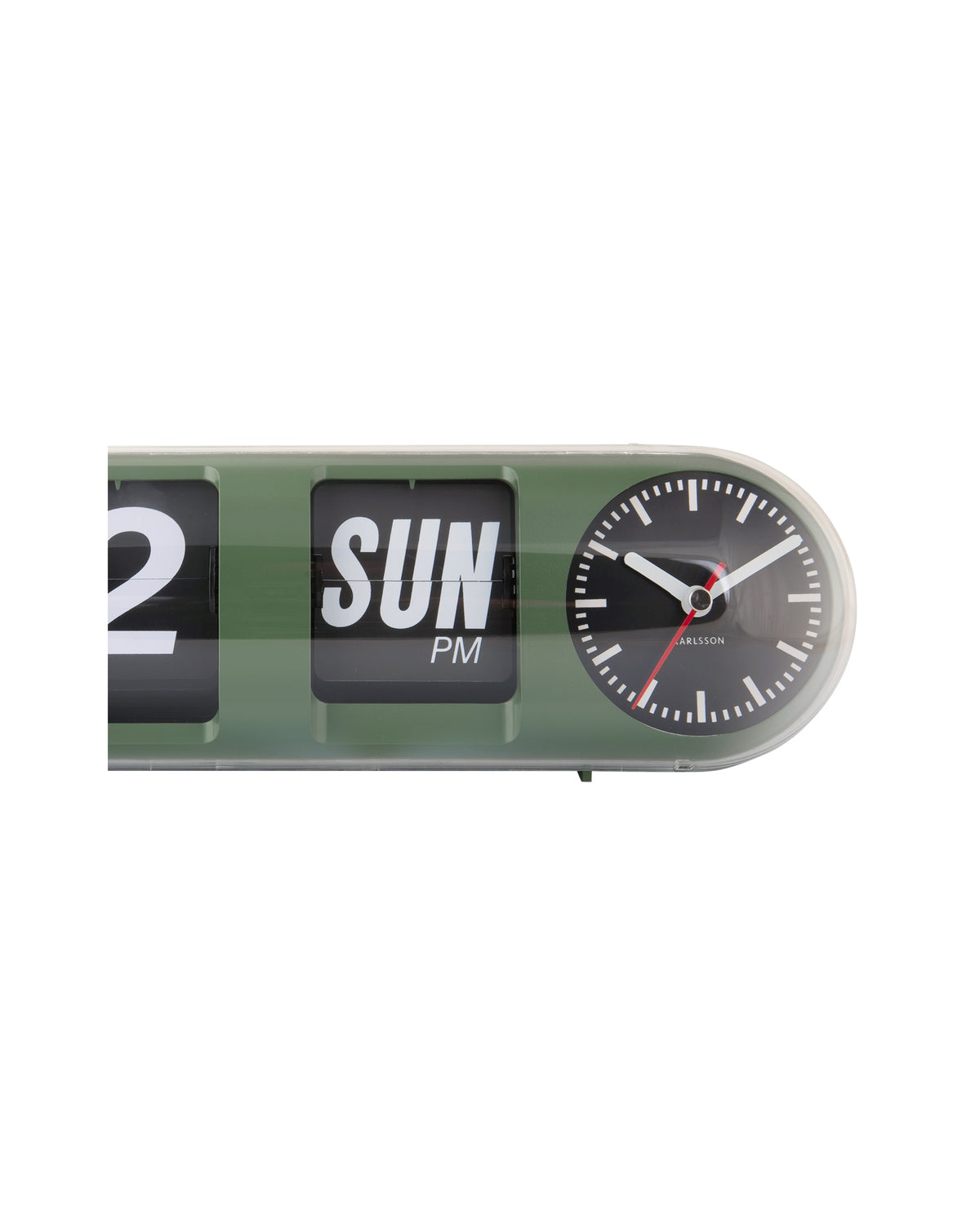 Karlsson flipklok Tube Flip, jungle groen, detail: flipkaarten SUN PM en analoge wijzerplaat met Karlsson-logo