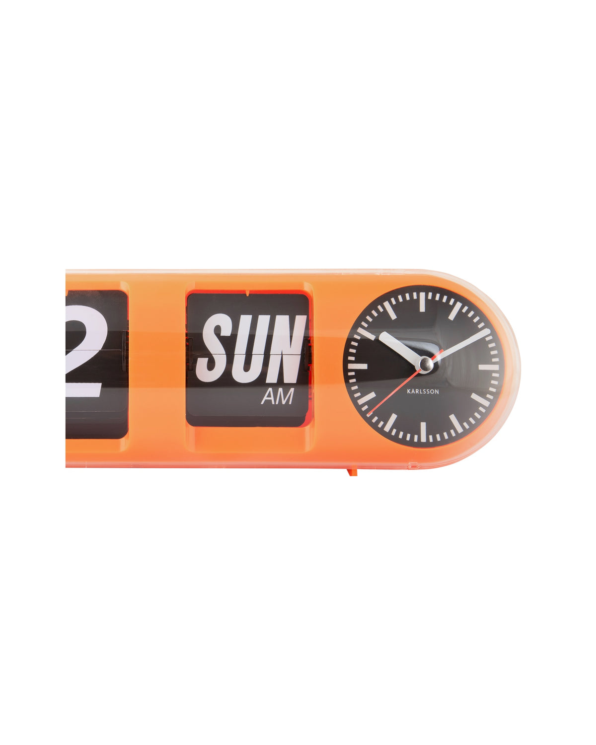 Karlsson flipklok Tube Flip, oranje, detail: sUN AM en analoge klok met Karlsson-logo