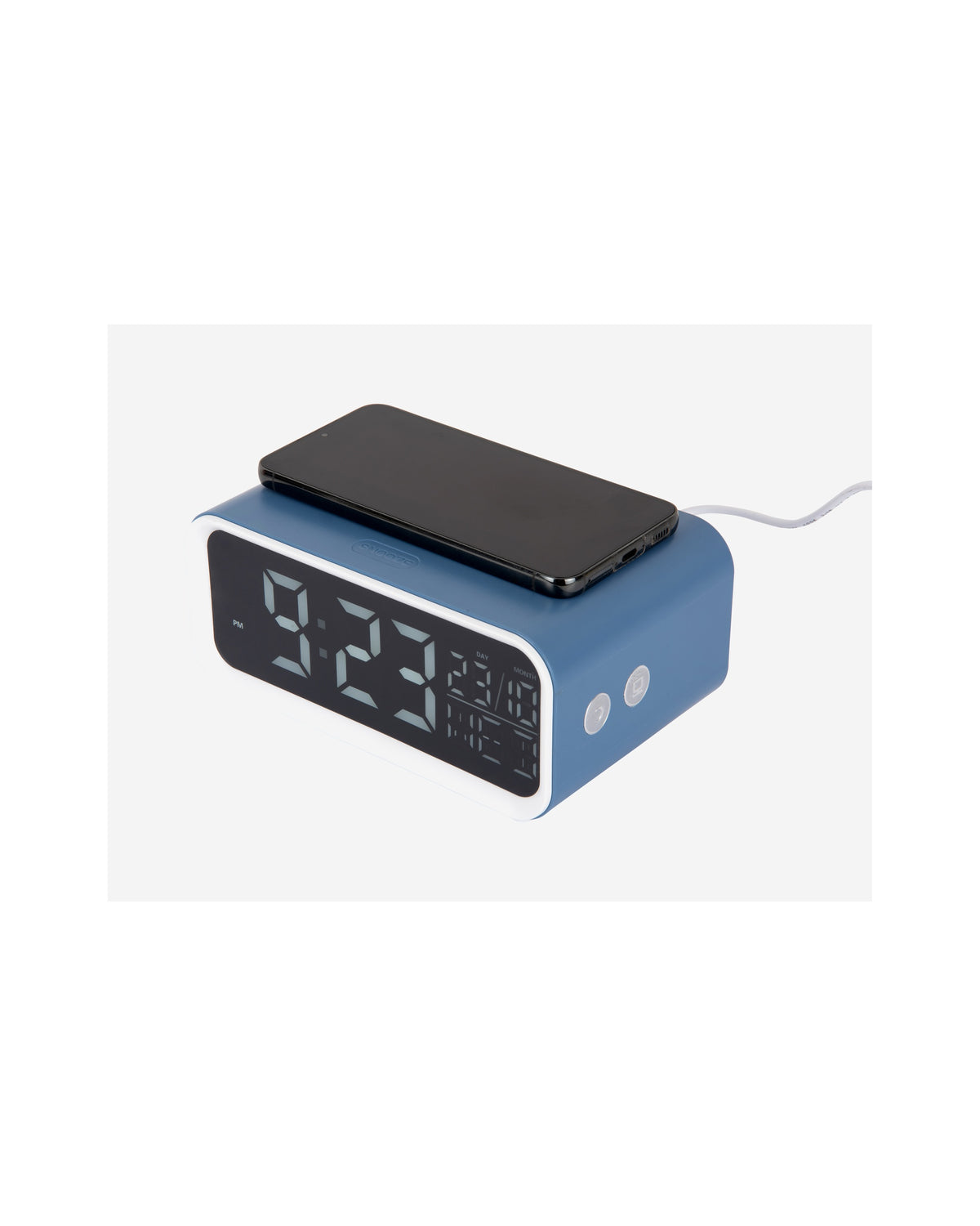 Karlsson wekker Chunky LED, blauw, draadloze oplader, schuin aanzicht