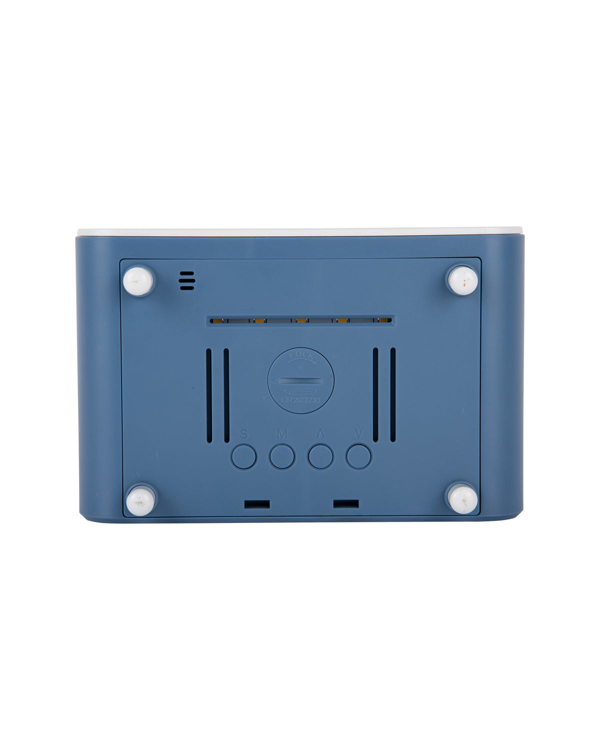 Karlsson wekker Chunky LED, blauw, draadloze oplader, achterkant met knoppen en batterijvak