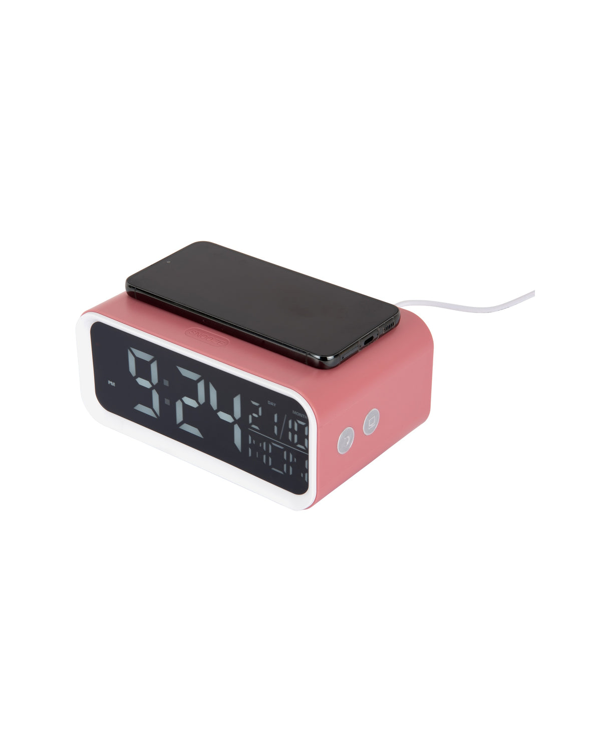 Karlsson wekker Chunky LED, roze, draadloze oplader, schuin aanzicht