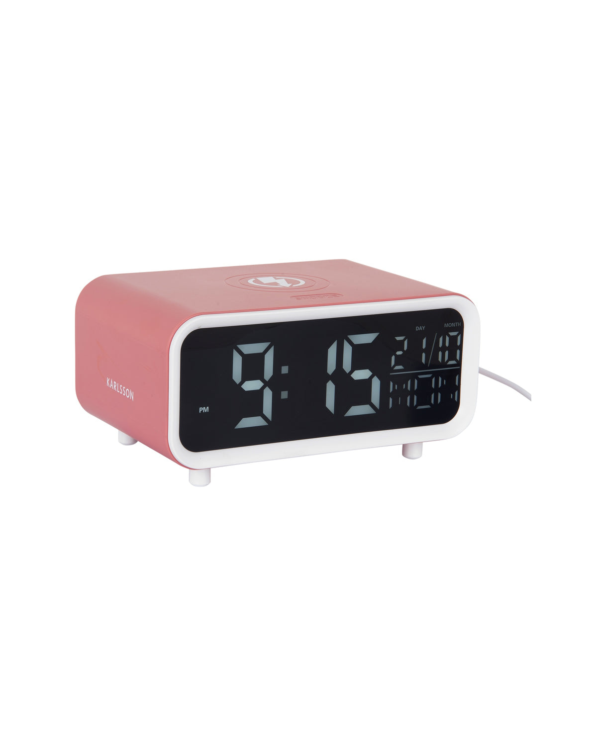 Karlsson wekker Chunky LED, roze, draadloze oplader, schuin aanzicht