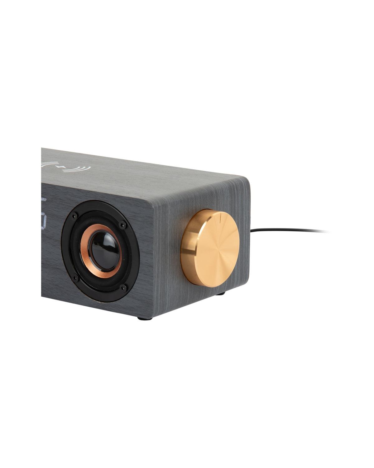 Karlsson wekkerradio Classic BT, zwart, draadloze oplader, detail: gouden draaiknop en speaker met koperen rand