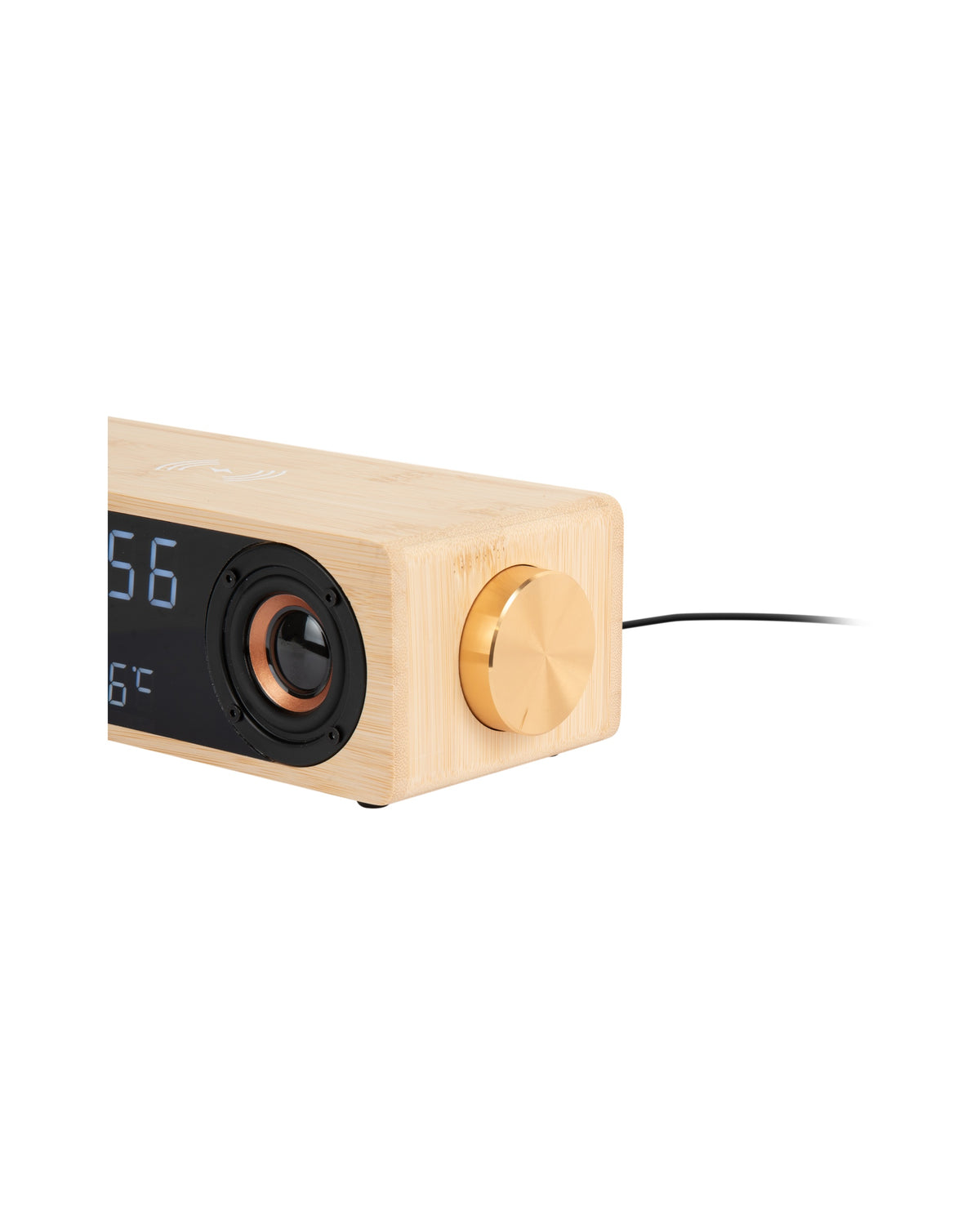 Karlsson wekkerradio Classic BT, bamboe, draadloze oplader, detail: gouden draaiknop en speaker met koperen rand