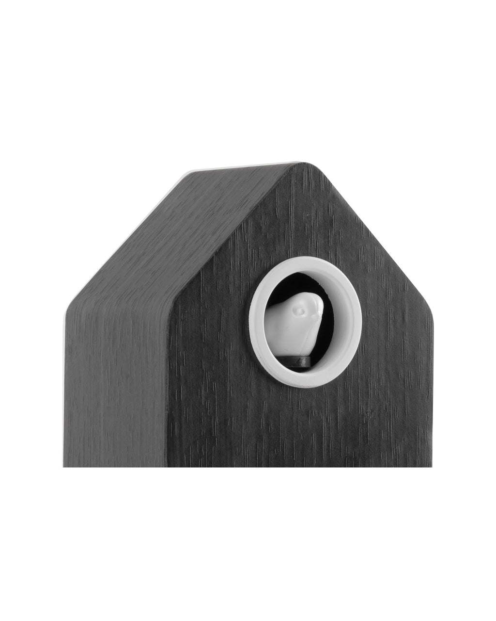Karlsson wekker Cuckoo LED, zwart hout, detail: wit vogeltje in ronde opening, houtnerf zichtbaar