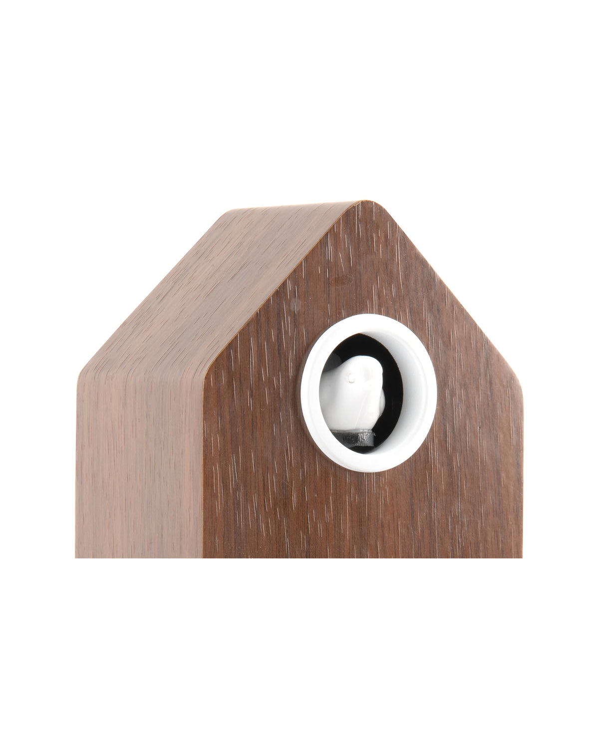 Karlsson wekker Cuckoo LED, donker hout fineer, detail: wit vogeltje in ronde opening, donker houtfineer