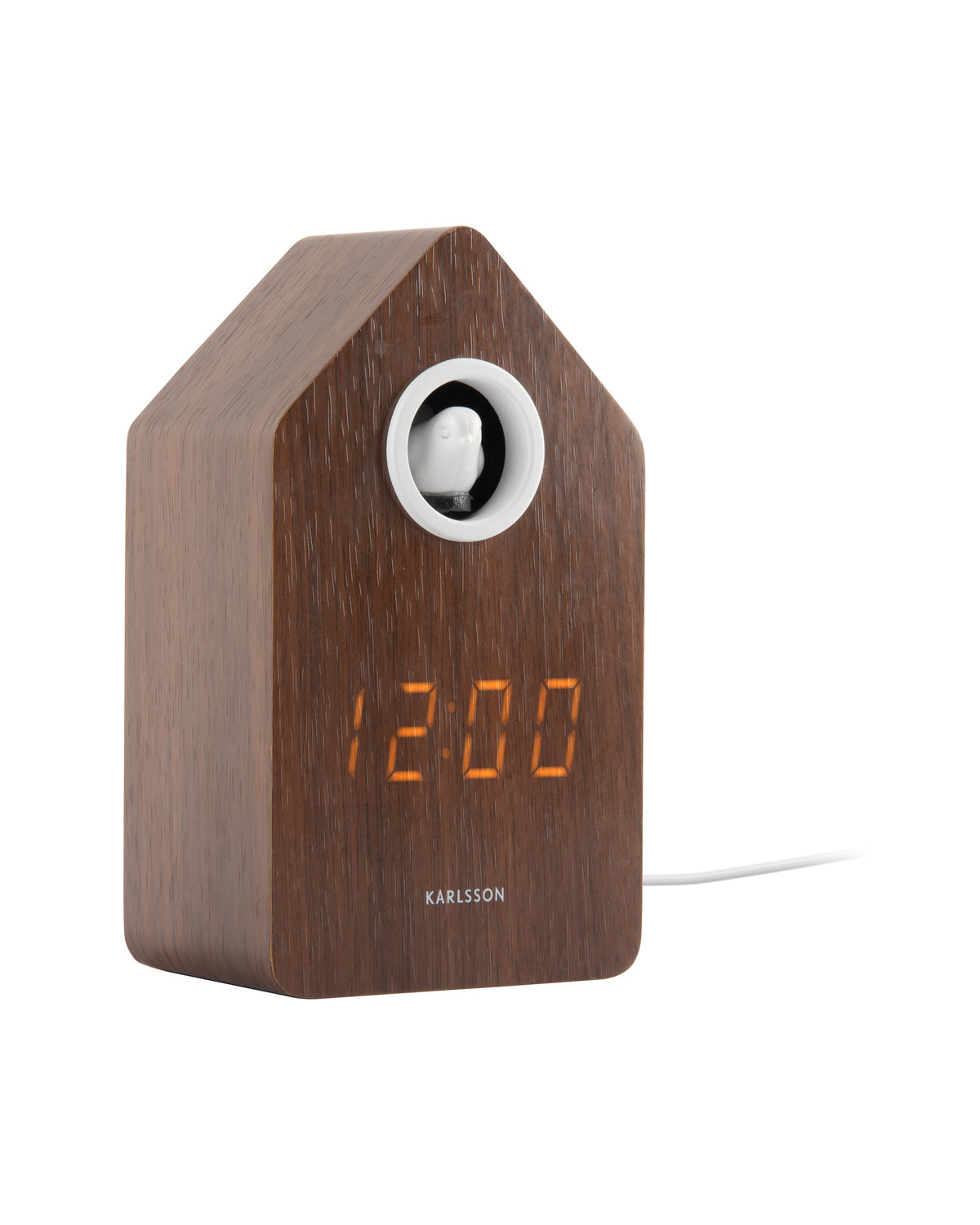 Karlsson wekker Cuckoo LED, donker hout fineer, schuin aanzicht