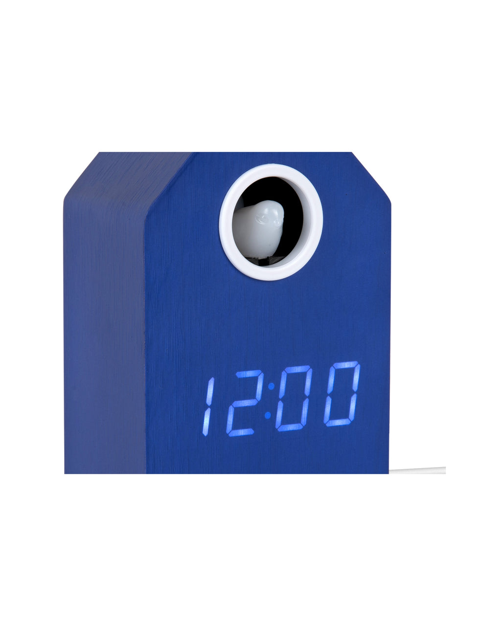 Karlsson wekker Cuckoo LED, blauw, detail: vogeltje in opening en display 12:00