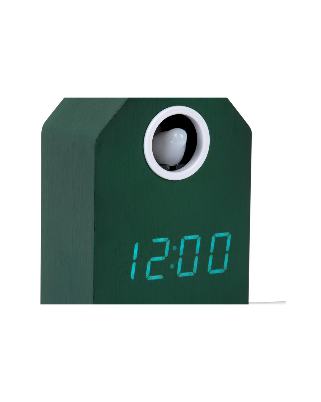 Karlsson wekker Cuckoo LED, groen, detail: vogeltje in opening en display 12:00