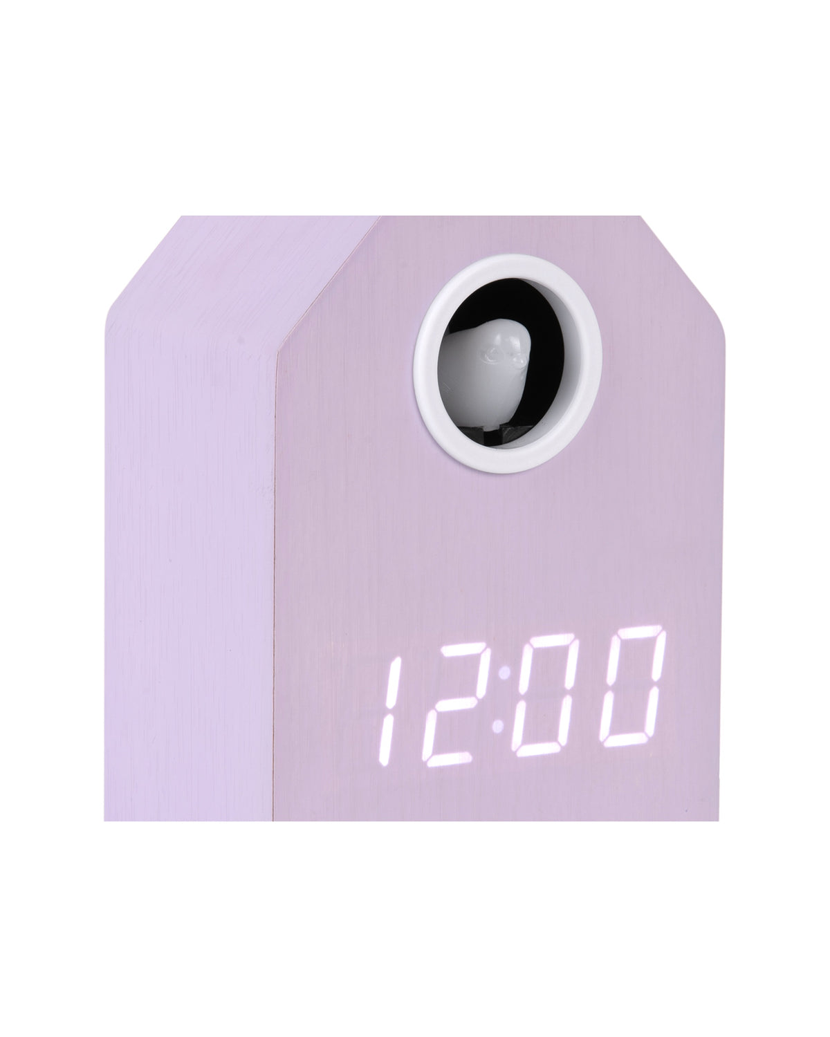 Karlsson wekker Cuckoo LED, paars, detail: vogeltje in opening en display 12:00