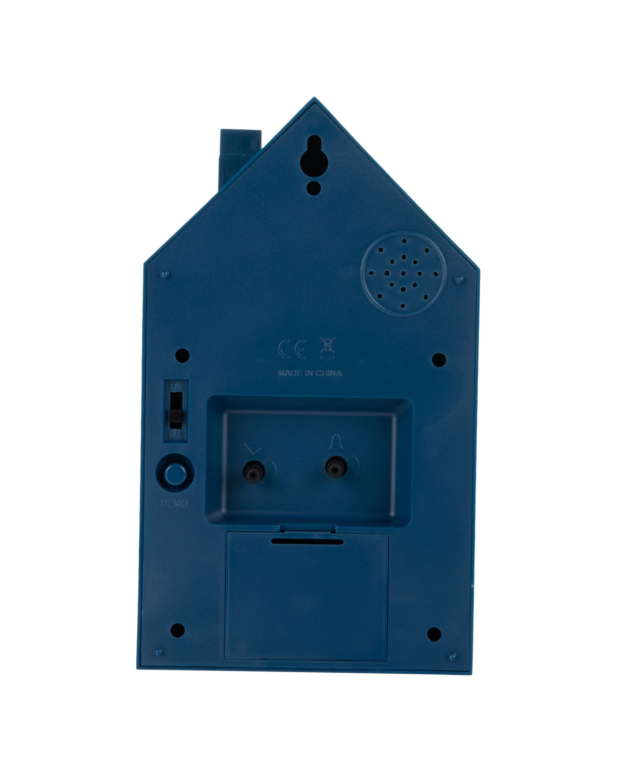 Karlsson wekker Modern Cuckoo Oro, blauw, achterkant met knoppen en batterijvak
