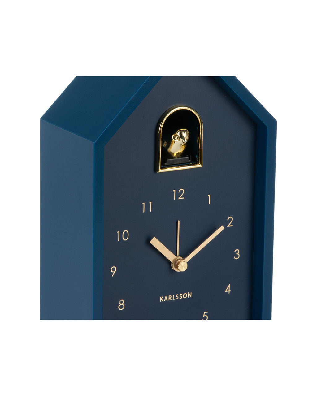 Karlsson wekker Modern Cuckoo Oro, blauw, detail: gouden vogeltje en wijzers