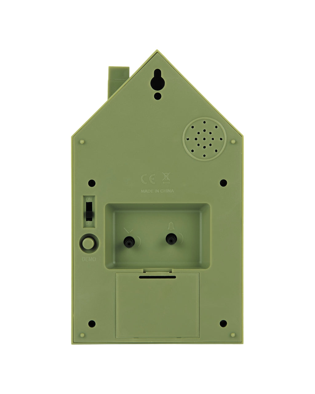 Karlsson wekker Modern Cuckoo Oro, groen, achterkant met knoppen en batterijvak