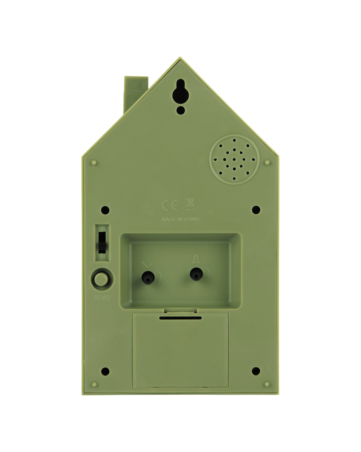 Karlsson wekker Modern Cuckoo Oro, groen, achterkant met knoppen en batterijvak