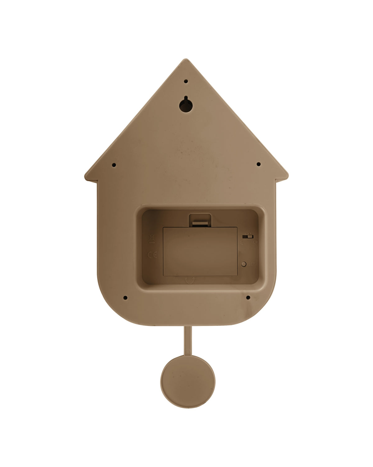 Karlsson koekoeksklok Modern Cuckoo Oro, mokka bruin, achterkant met batterijvak en ophangoog