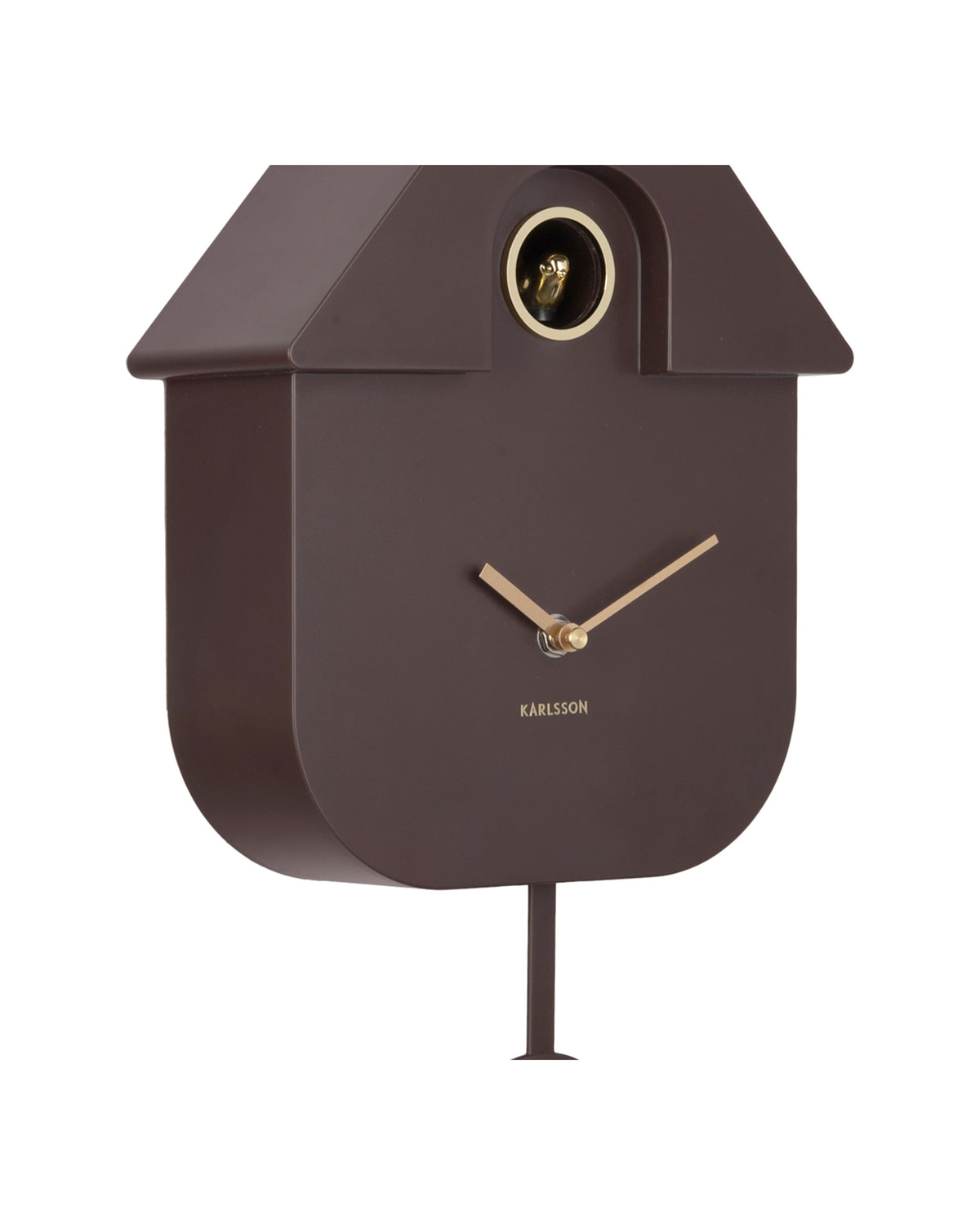 Karlsson koekoeksklok Modern Cuckoo Oro, bruin, detail: vogeltje en gouden wijzers, bovenkant huisje