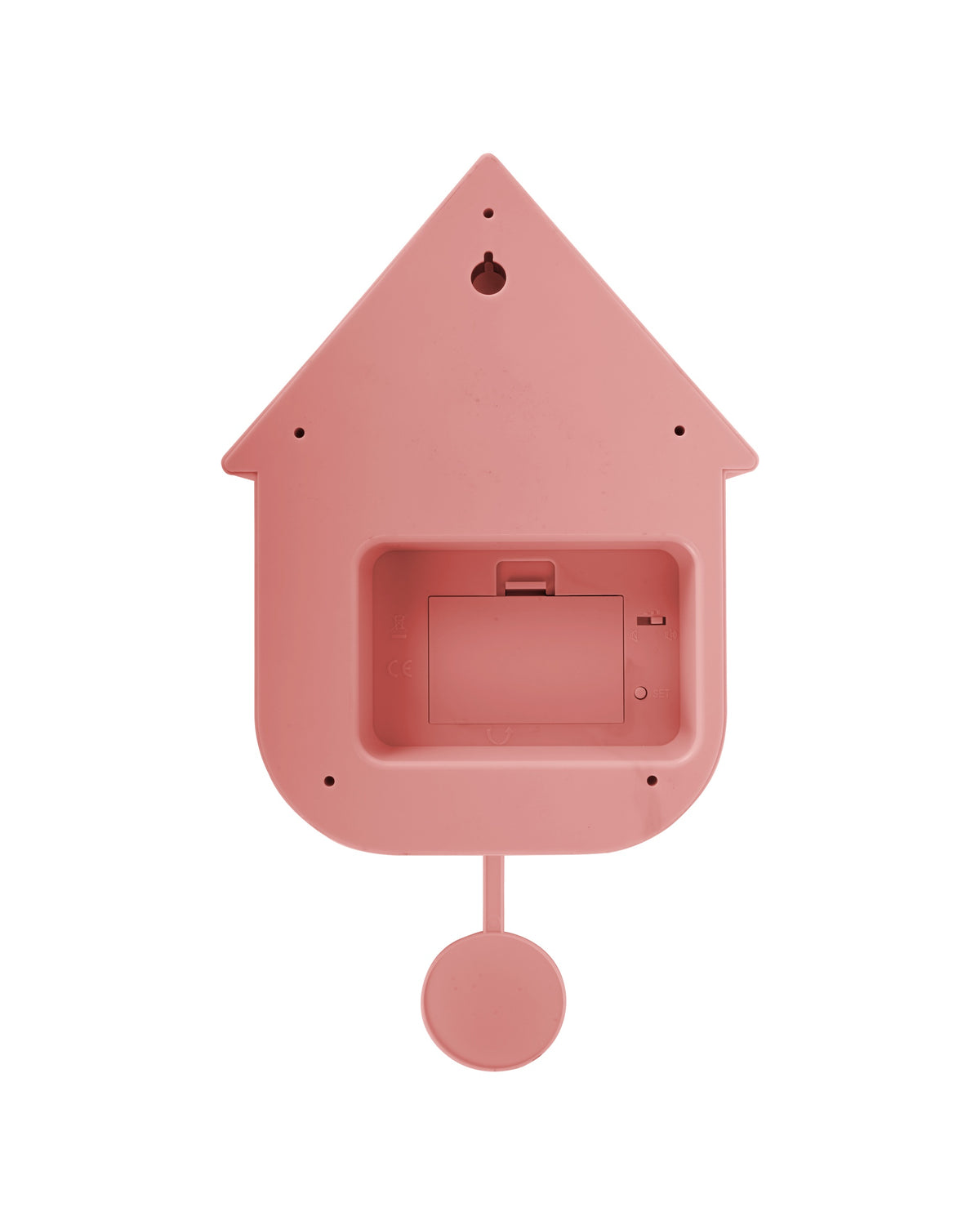 Karlsson koekoeksklok Modern Cuckoo Oro, roze, achterkant met batterijvak en ophangoog