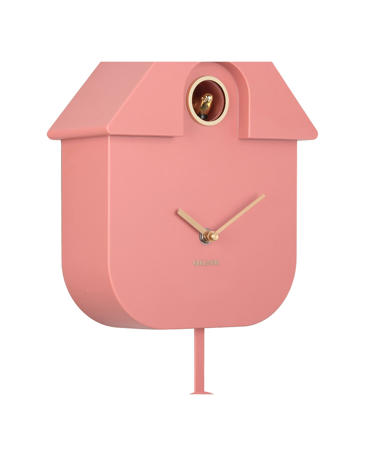 Karlsson koekoeksklok Modern Cuckoo Oro, roze, detail: vogeltje in opening en gouden wijzers