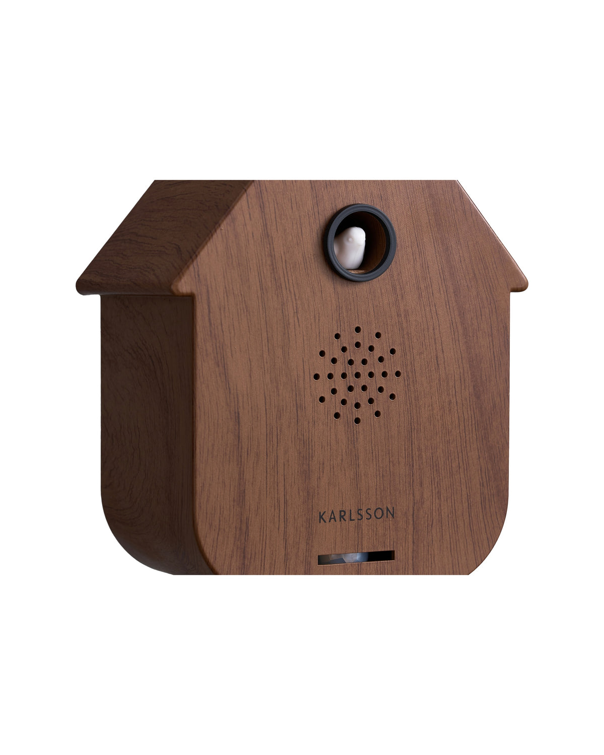 Karlsson vogelhuisje met geluid (soundbox) Modern Cuckoo, donker hout, detail: vogeltje in opening en luidsprekerrooster