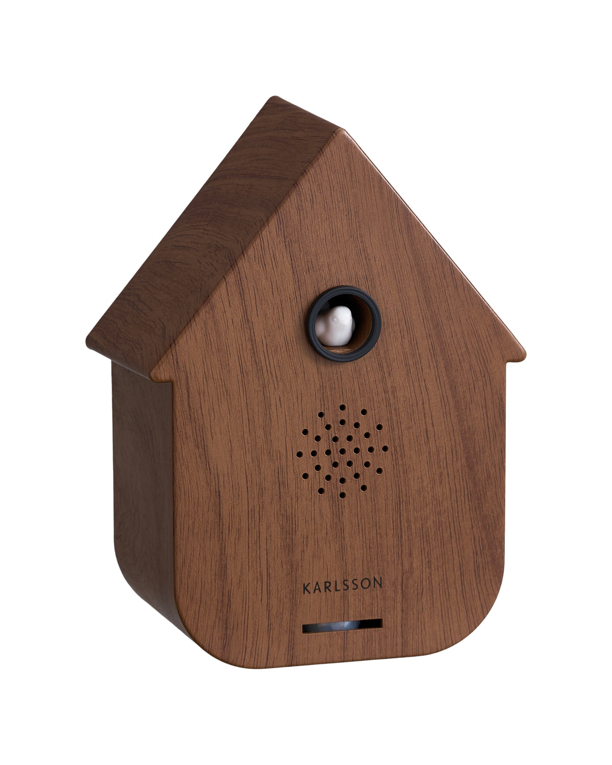 Karlsson vogelhuisje met geluid (soundbox) Modern Cuckoo, donker hout, schuin vooraanzicht