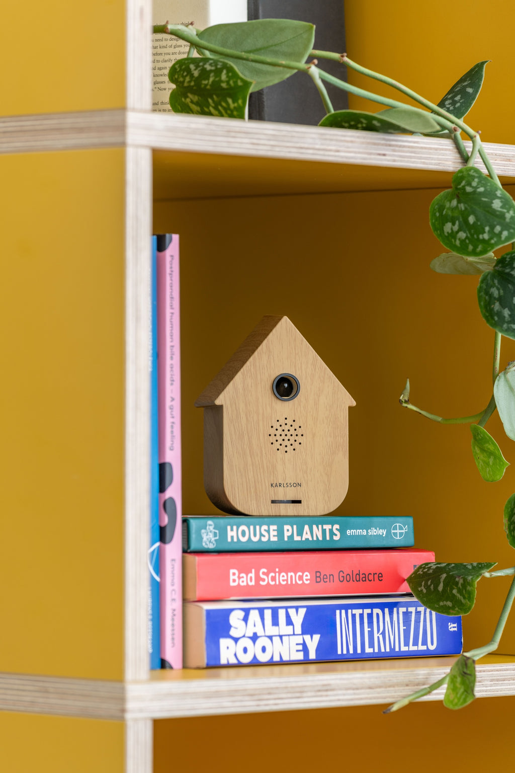 Karlsson vogelhuisje met geluid (soundbox) Modern Cuckoo, licht hout, sfeerfoto: op stapel boeken in gele boekenkast