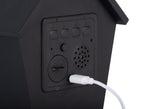 Karlsson wekker Riqueza LED, zwart, detail: achterpaneel met knoppen en ingeplugde witte USB-C-kabel
