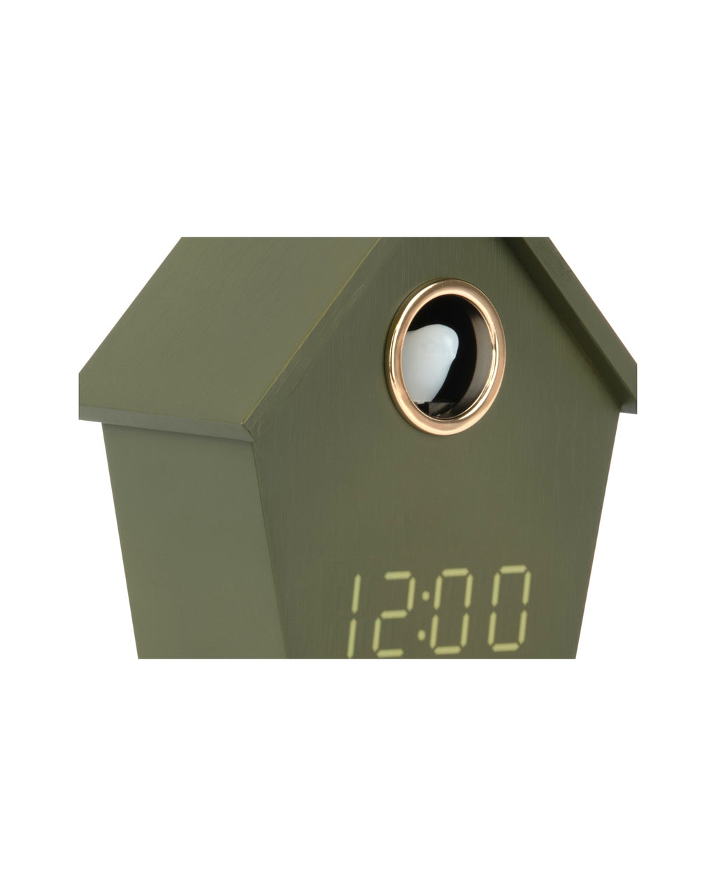 Karlsson wekker Riqueza LED, luxe groen, detail: vogeltje in gouden opening en geelgroene display 12:00