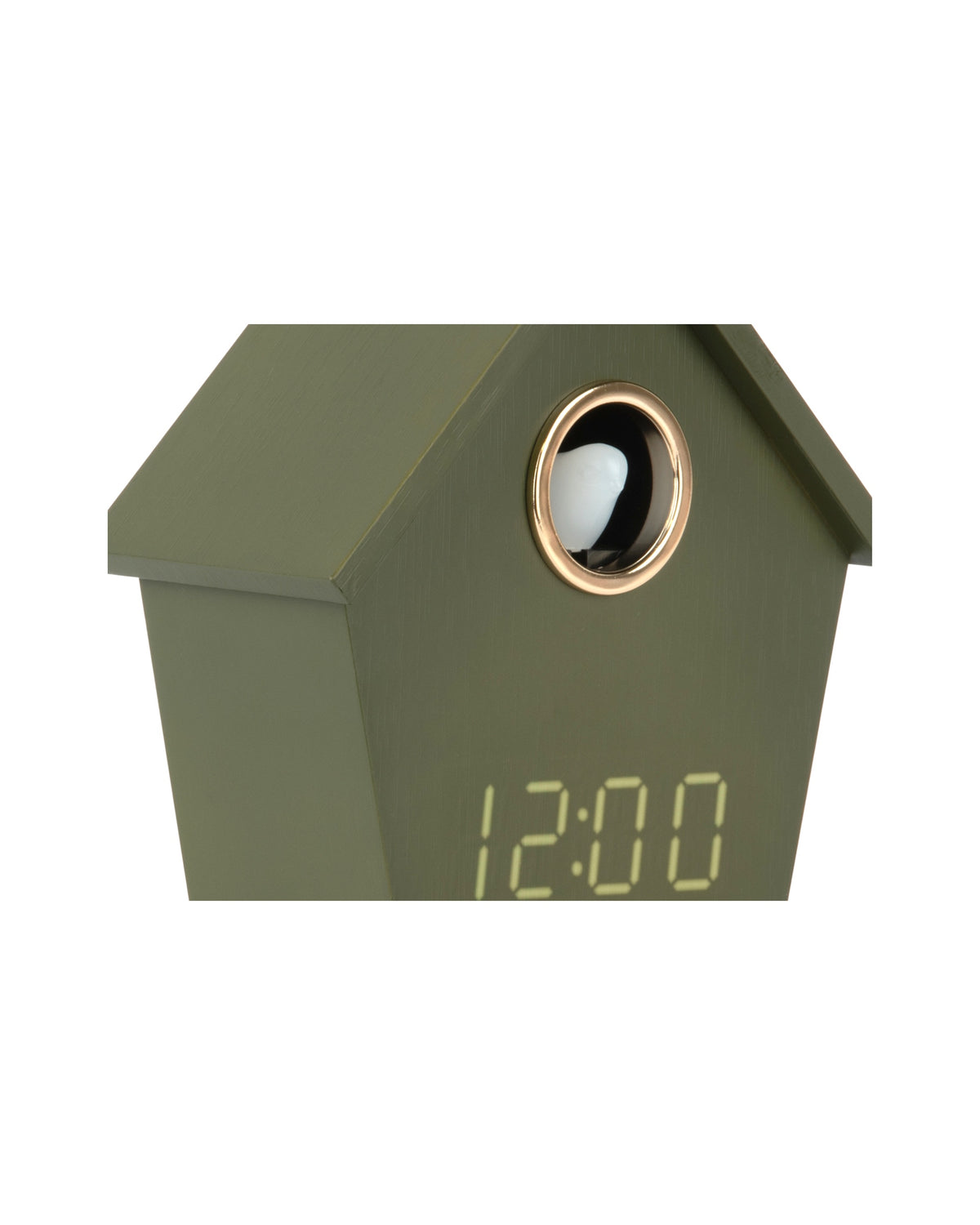 Karlsson wekker Riqueza LED, luxe groen, detail: vogeltje in gouden opening en geelgroene display 12:00