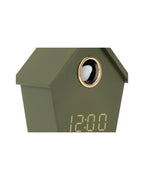 Karlsson wekker Riqueza LED, luxe groen, detail: vogeltje in gouden opening en geelgroene display 12:00