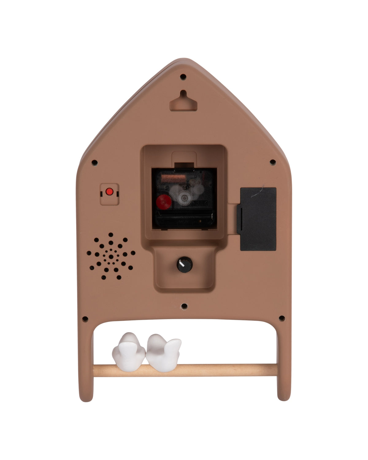 Karlsson wandklok Love Birds, mokkabruin, achterkant met batterijvak en ophangoog