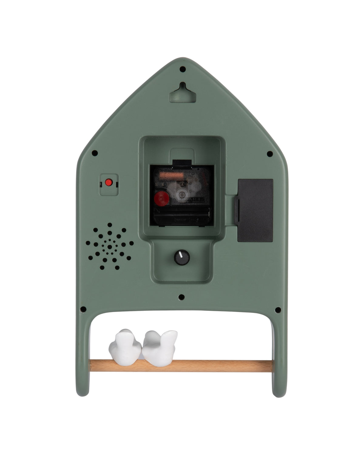 Karlsson wandklok Love Birds, jungle groen, achterkant met batterijvak en ophangoog