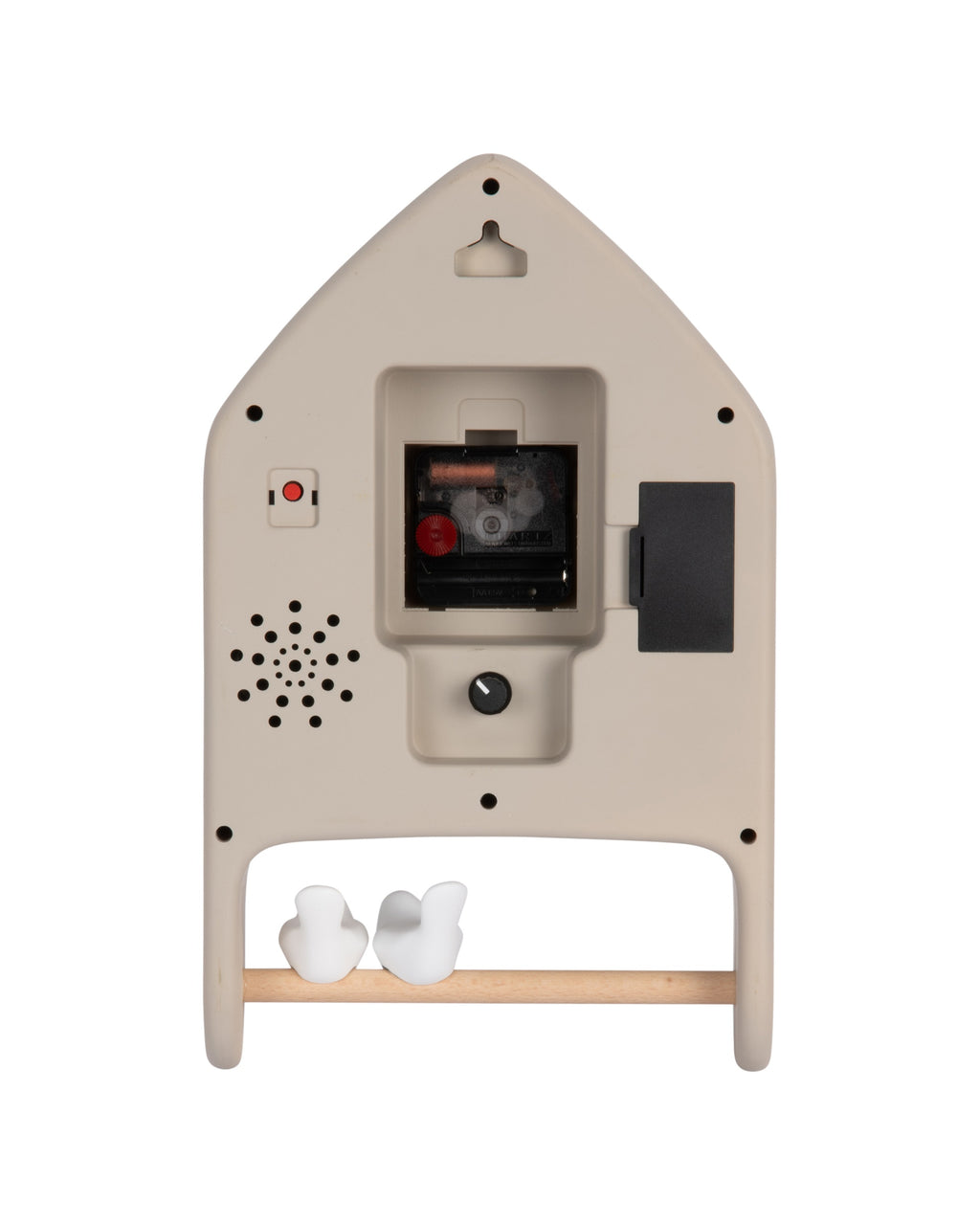 Karlsson wandklok Love Birds, warmgrijs, achterkant met batterijvak en ophangoog