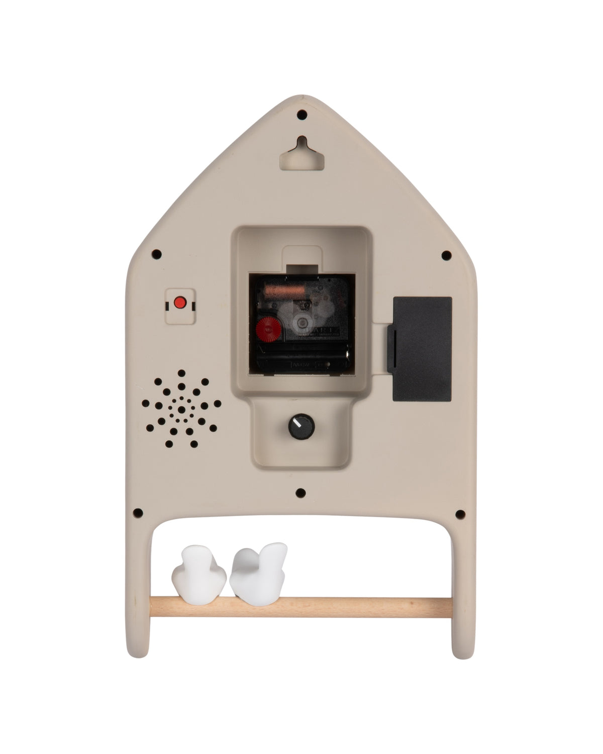 Karlsson wandklok Love Birds, warmgrijs, achterkant met batterijvak en ophangoog