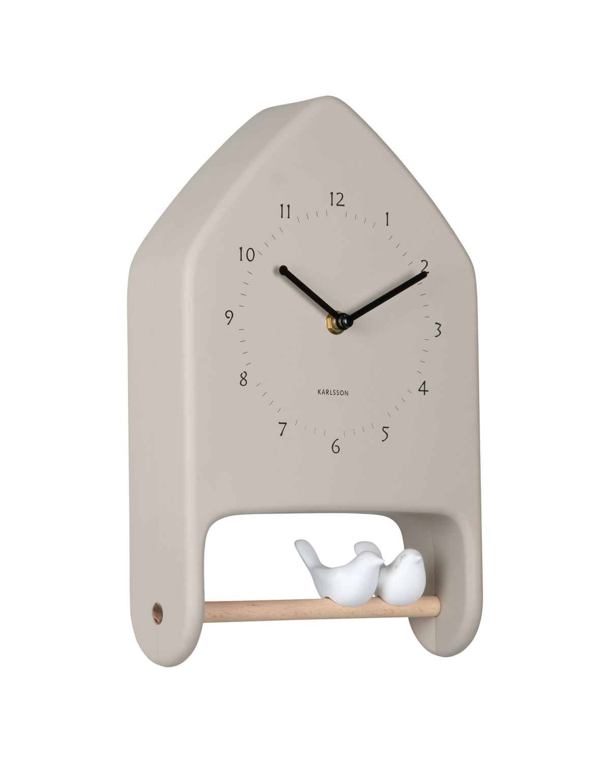Karlsson wandklok Love Birds, warmgrijs, schuin aanzicht