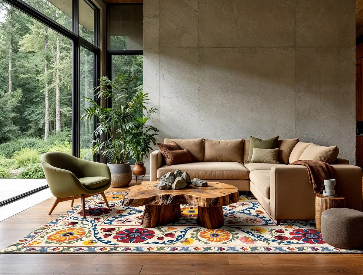 Louis de Poortere Antiquarian Suzani 9728 Origine vloerkleed in interieur