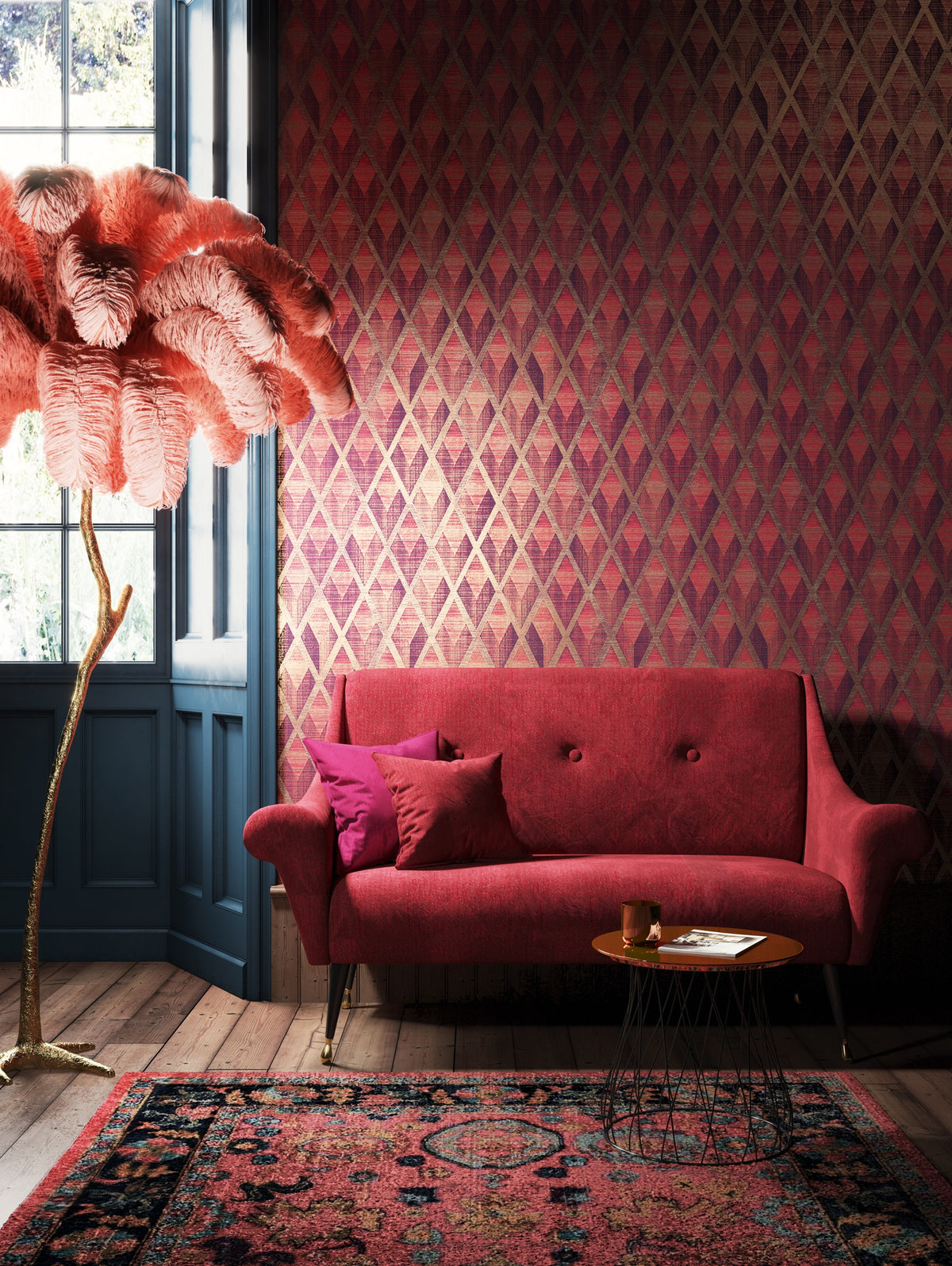 Masureel behang Facet Burgundy in interieur