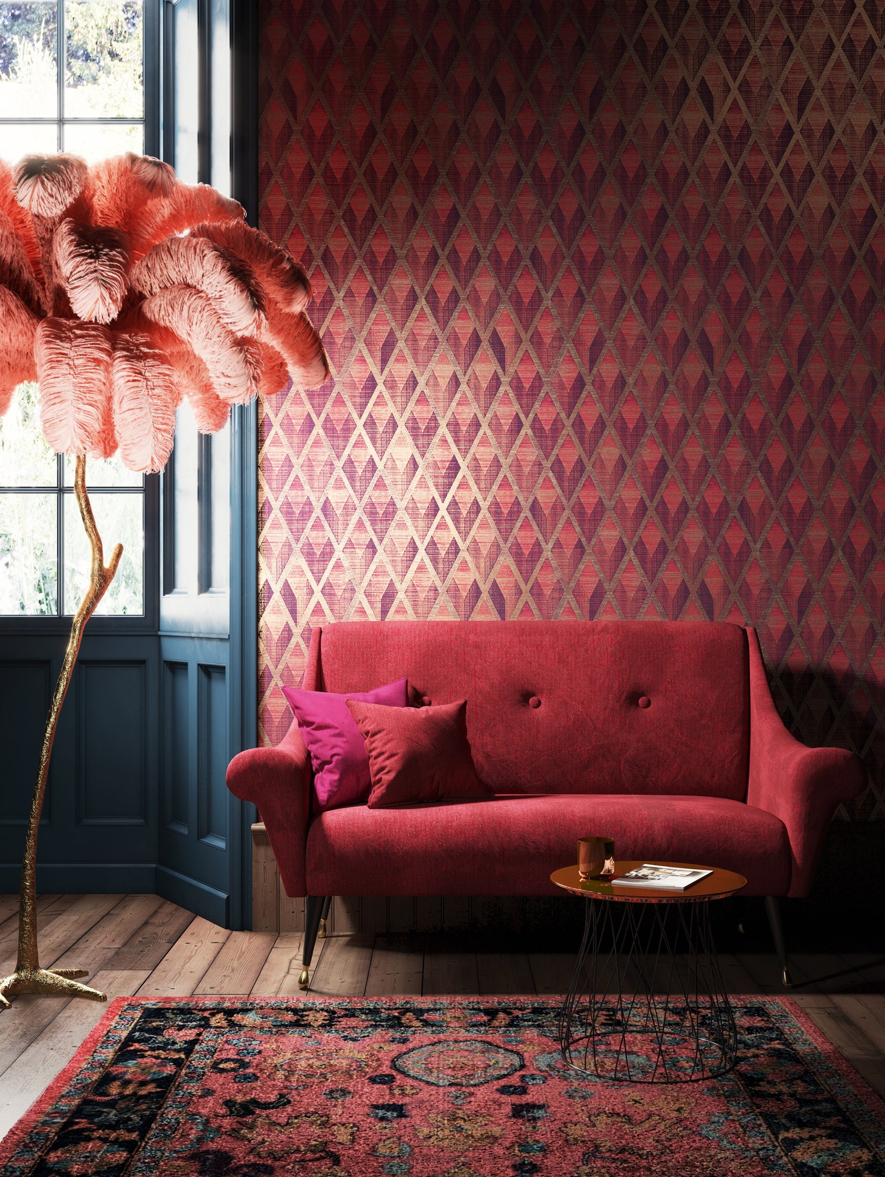 Masureel behang Facet Burgundy in interieur