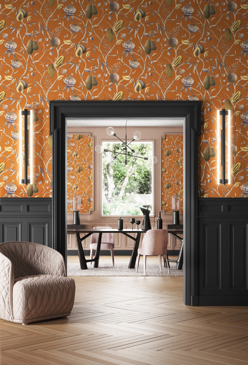 Masureel behang Papaya Mandarin in interieur