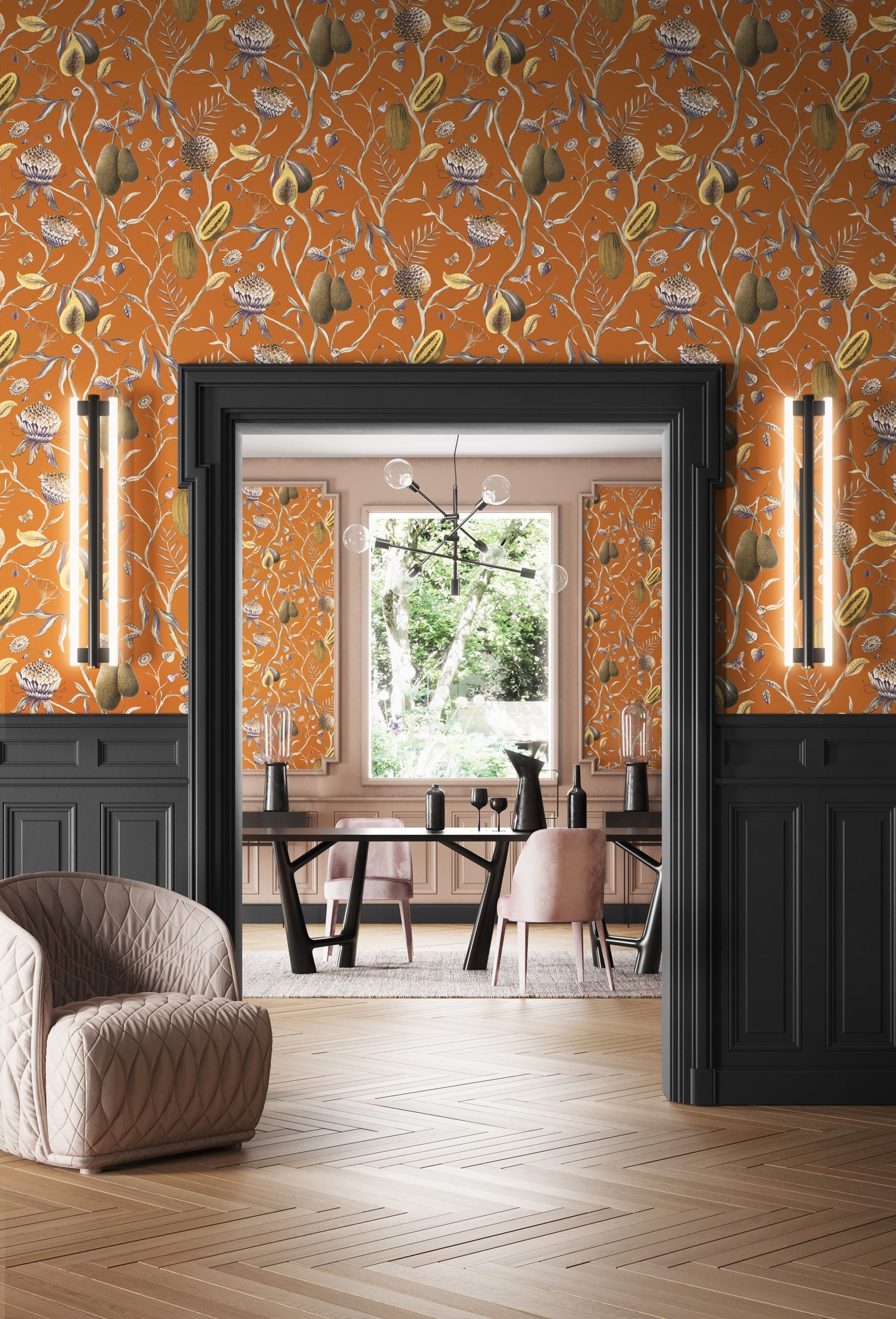Masureel behang Papaya Mandarin in interieur