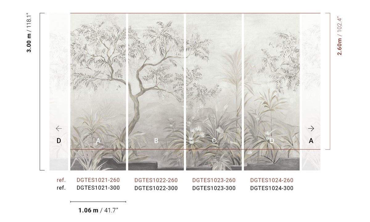 Masureel behang Palmira Oyster, indeling van de panelen